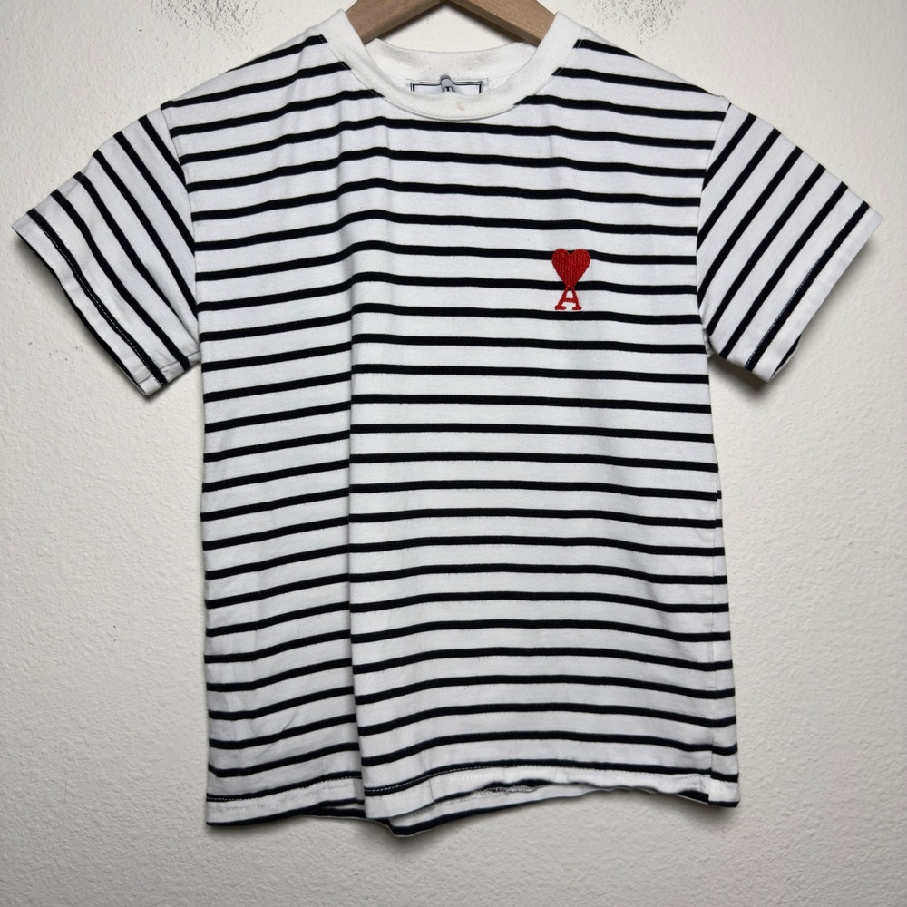 AMI Alexandre Mattiussi Women Cotton Baby Tee de Coeur Black White Striped Heart